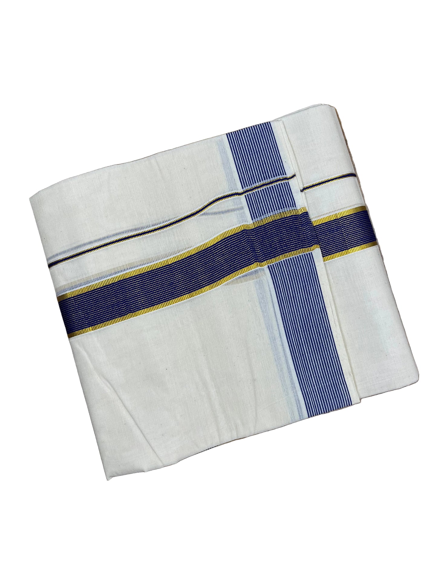 Southloom Pure Cotton Mundu with Blue Lines  Border (South Indian Kerala Dhoti)