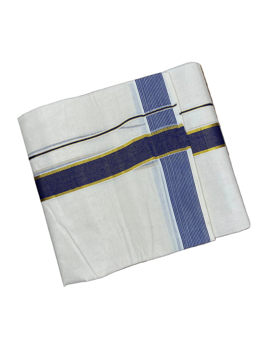 Southloom Pure Cotton Mundu with Blue Lines Border (South Indian Kerala Dhoti)