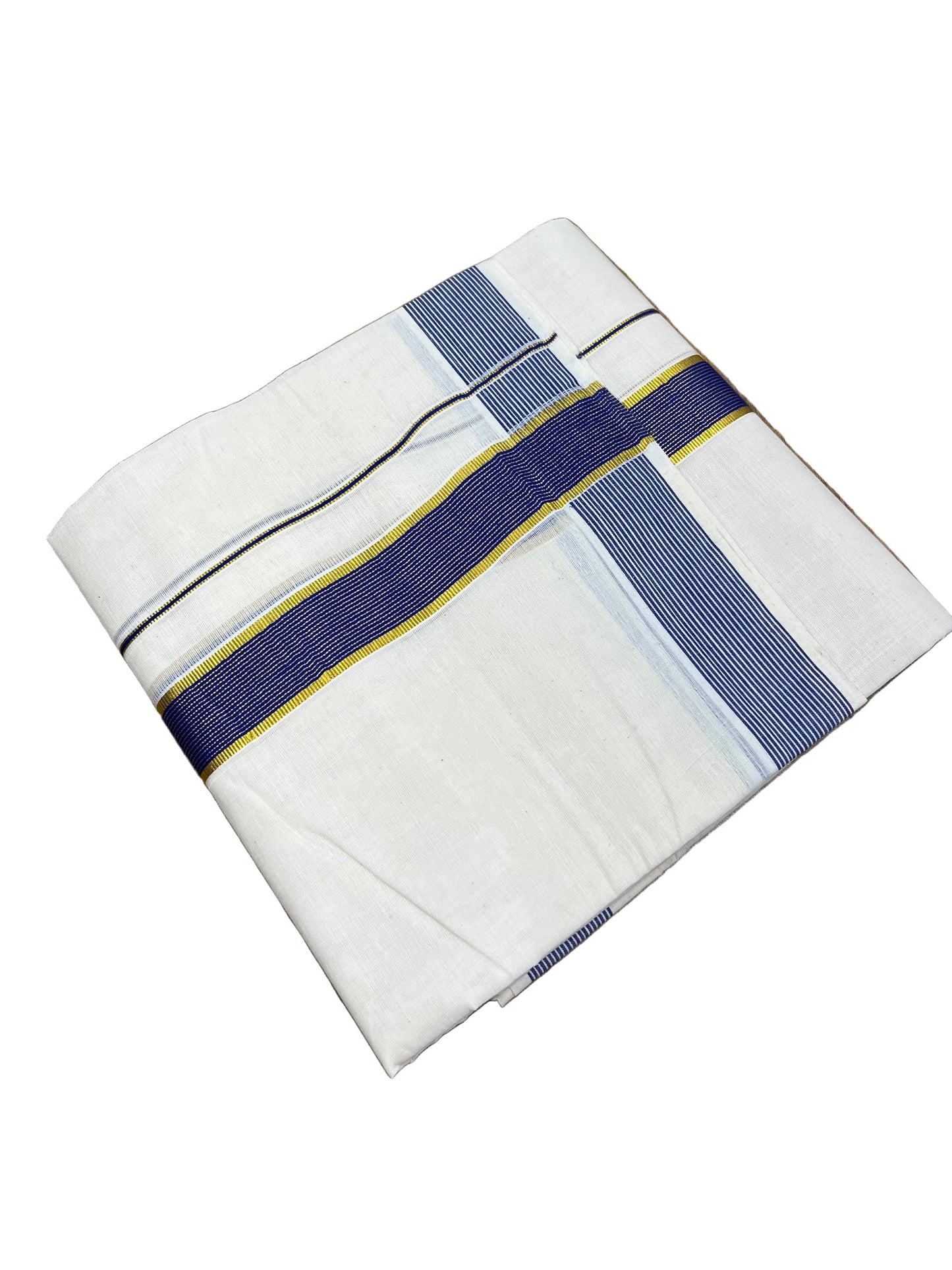 Southloom Pure Cotton Mundu with Blue Lines  Border (South Indian Kerala Dhoti)