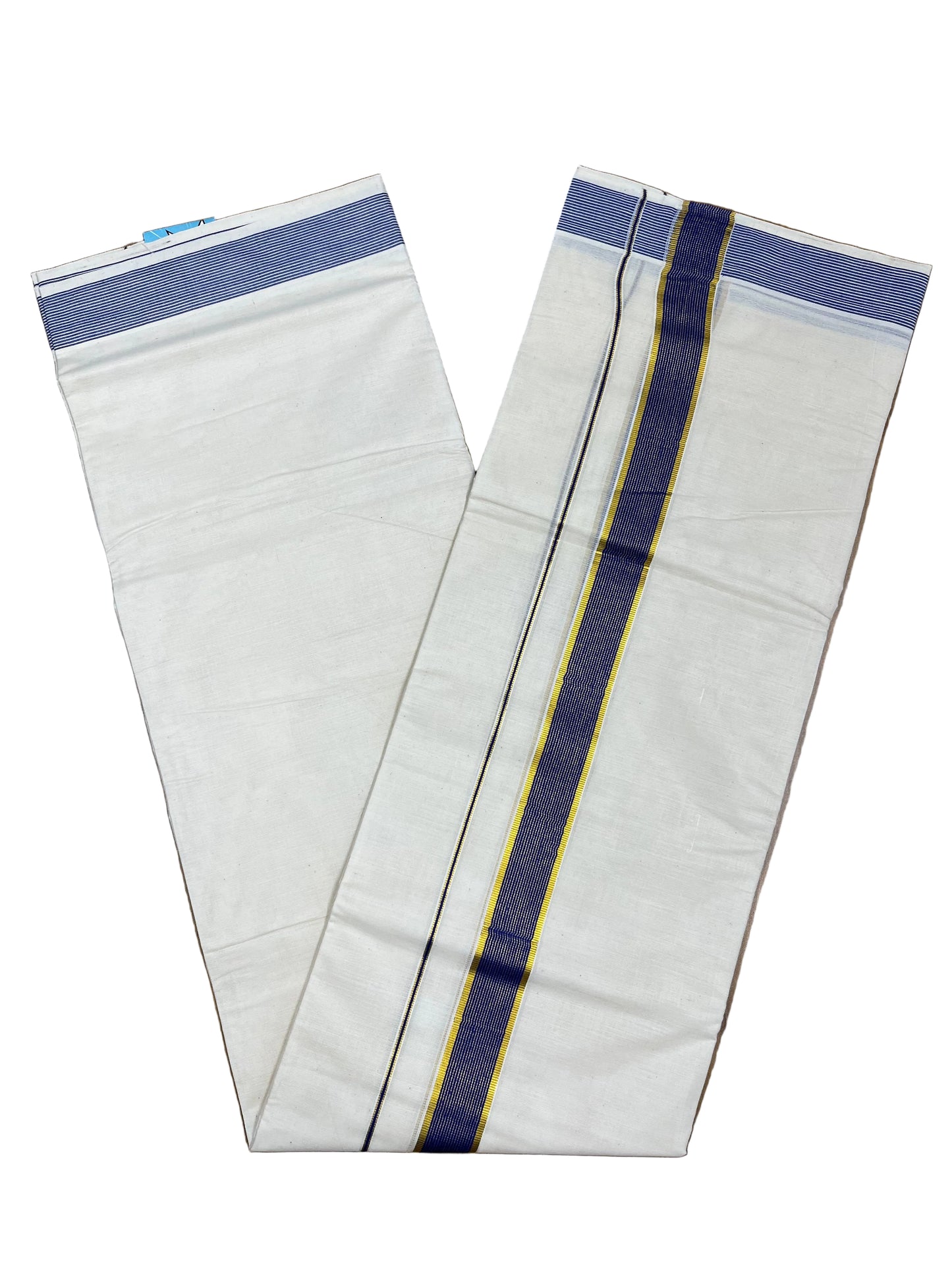 Southloom Pure Cotton Mundu with Blue Lines  Border (South Indian Kerala Dhoti)