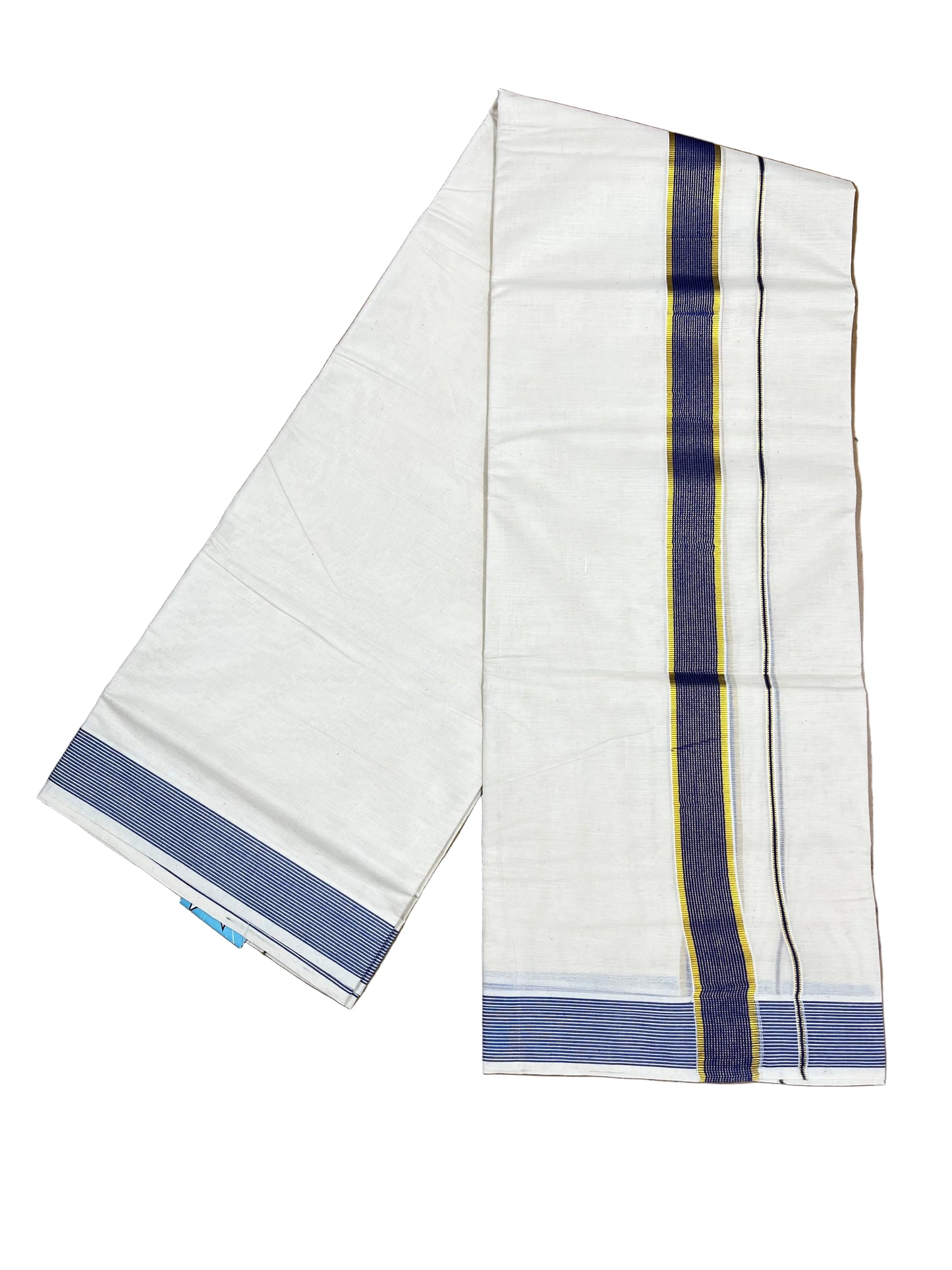 Southloom Pure Cotton Mundu with Blue Lines  Border (South Indian Kerala Dhoti)