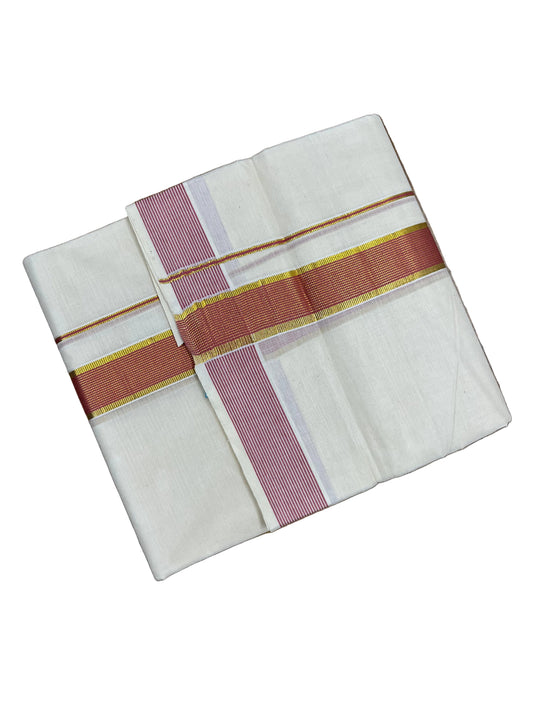 Southloom Pure Cotton Mundu with Peach lines Border (South Indian Kerala Dhoti)