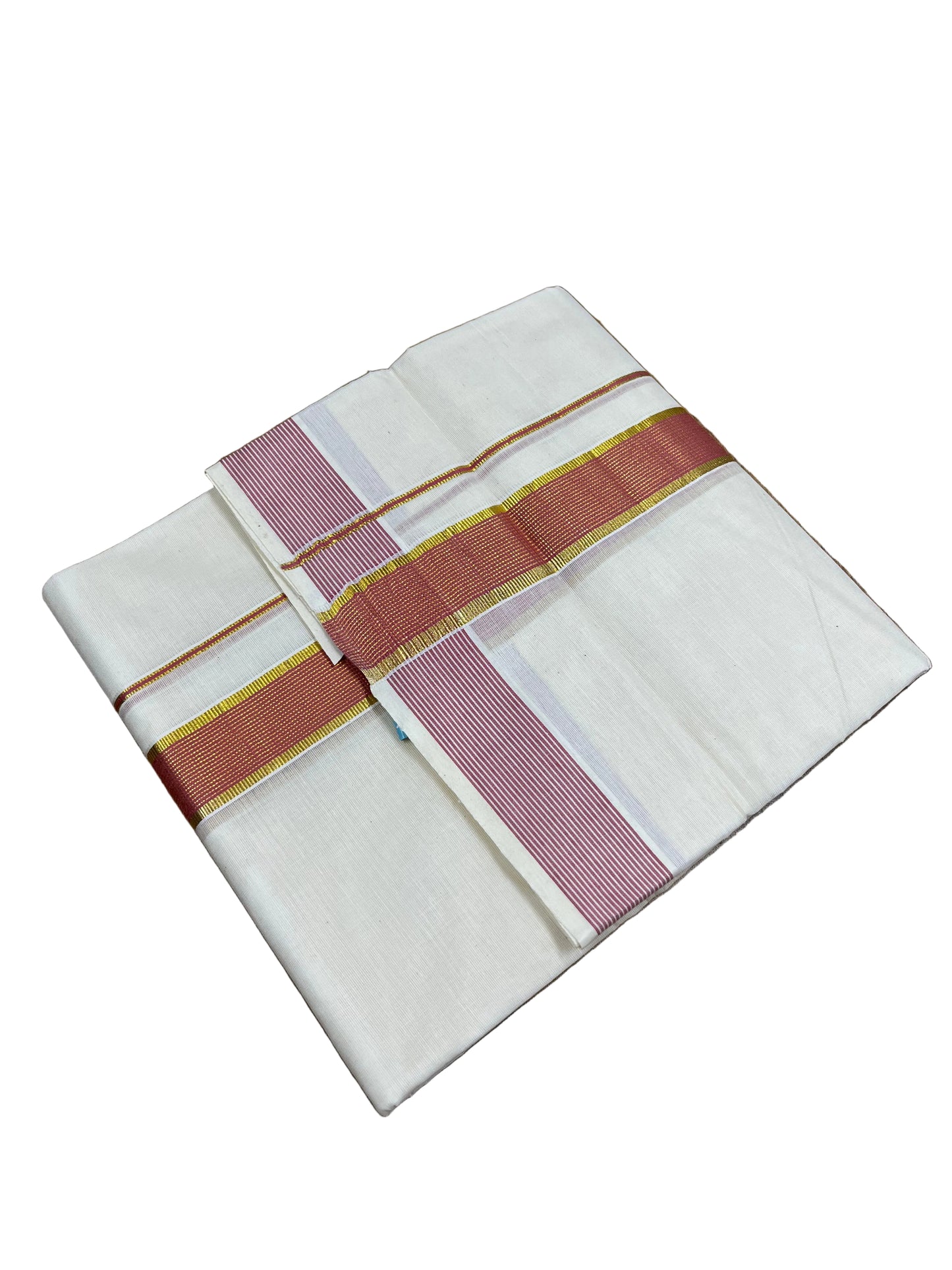 Southloom Pure Cotton Mundu with Peach lines Border (South Indian Kerala Dhoti)