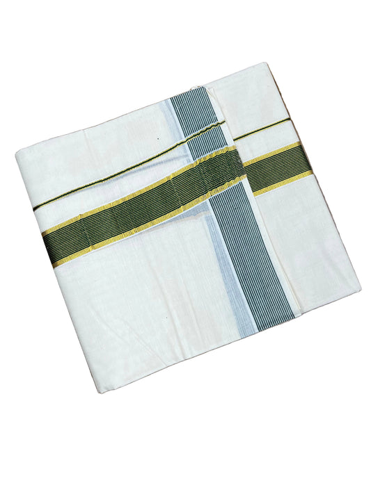Southloom Pure Cotton Mundu with Green Lines Border (South Indian Kerala Dhoti)