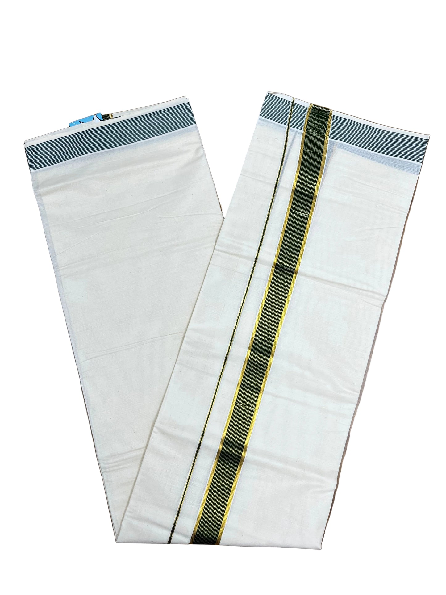 Southloom Pure Cotton Mundu with Green Lines  Border (South Indian Kerala Dhoti)