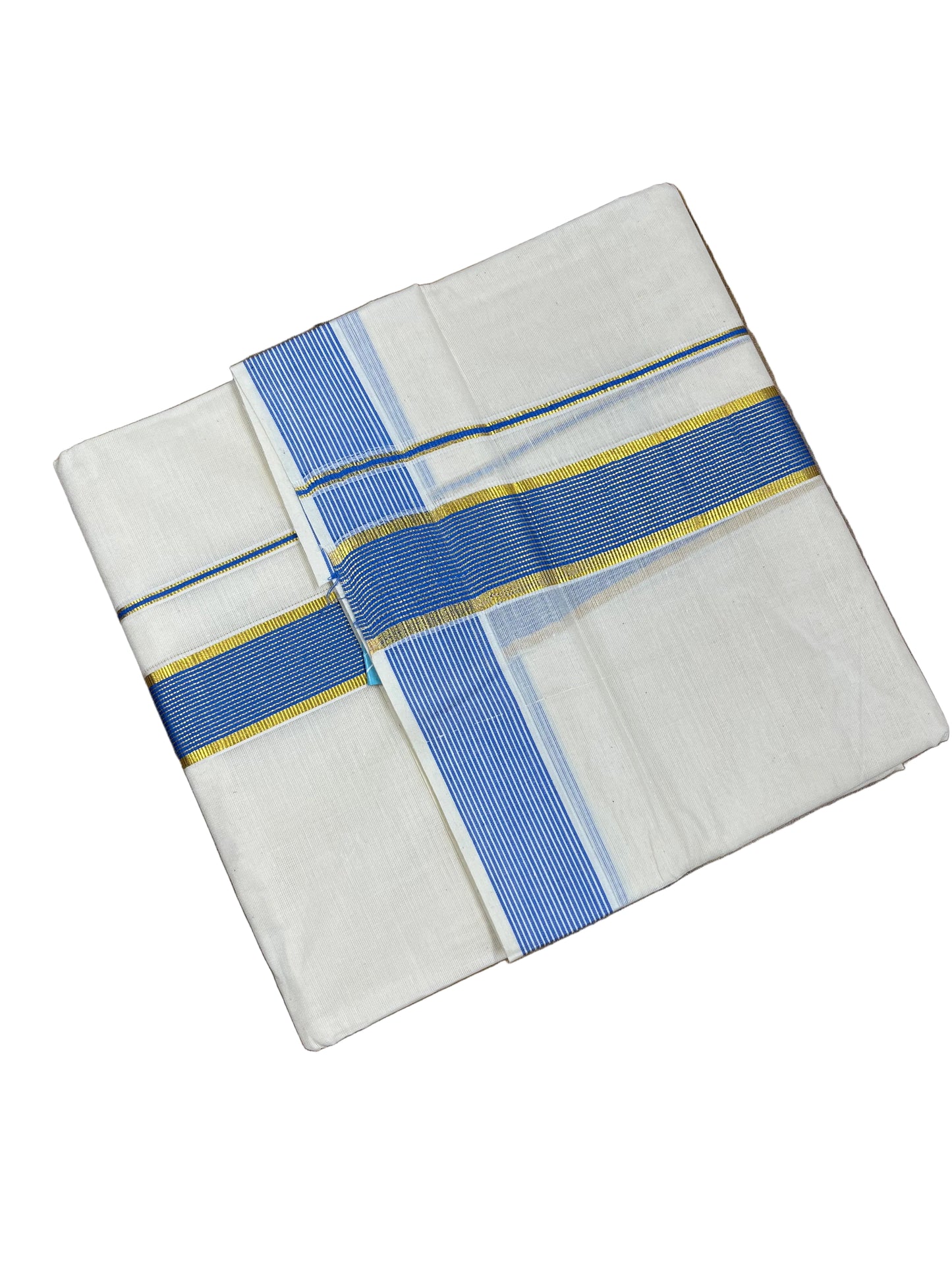 Southloom Pure Cotton Mundu with Blue lines Border (South Indian Kerala Dhoti)