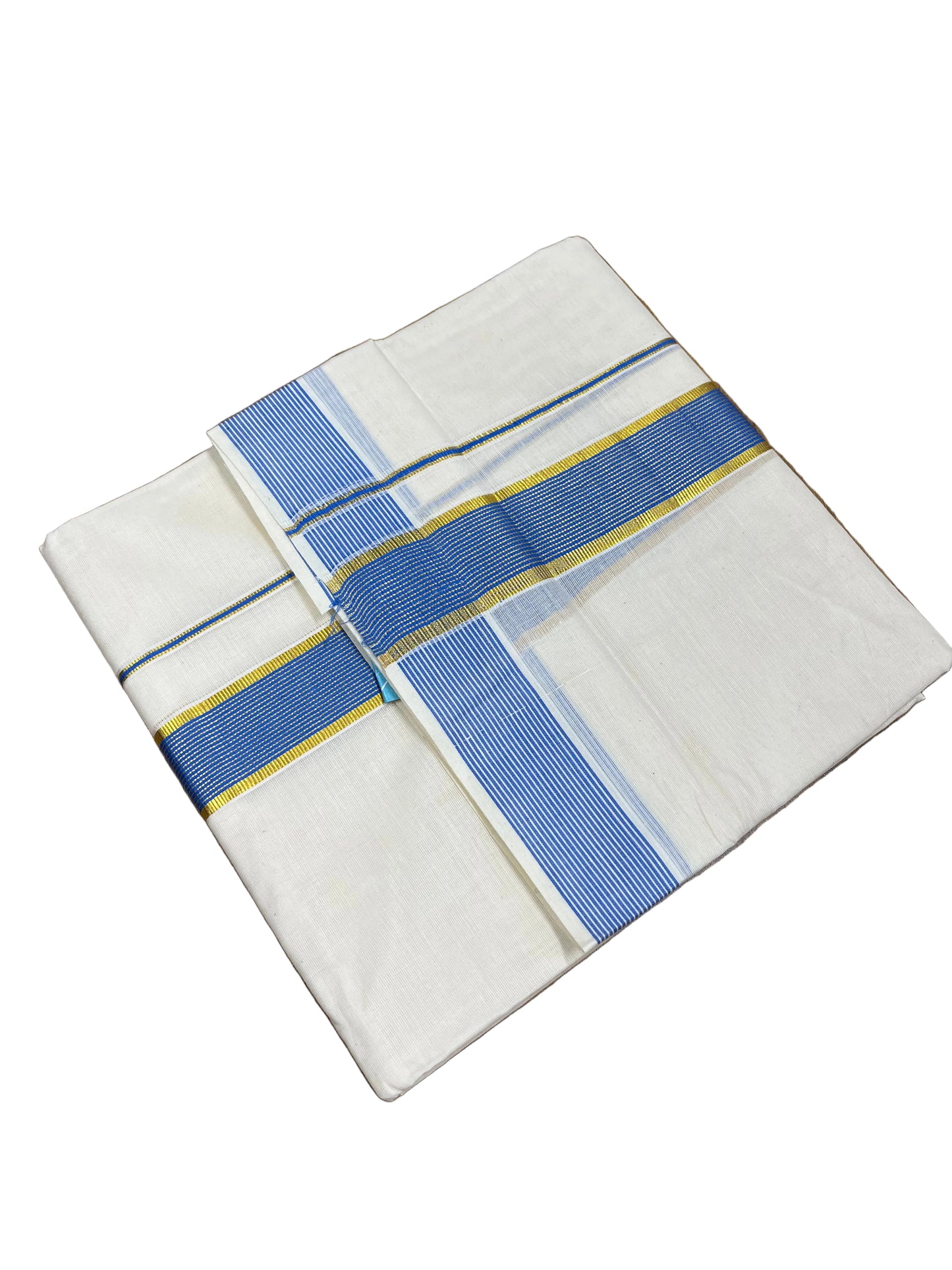 Southloom Pure Cotton Mundu with Blue lines Border (South Indian Kerala Dhoti)