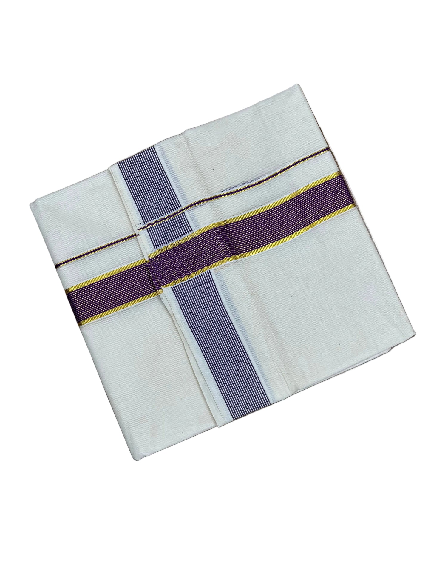 Southloom Pure Cotton Mundu with Purple Lines Border (South Indian Kerala Dhoti)