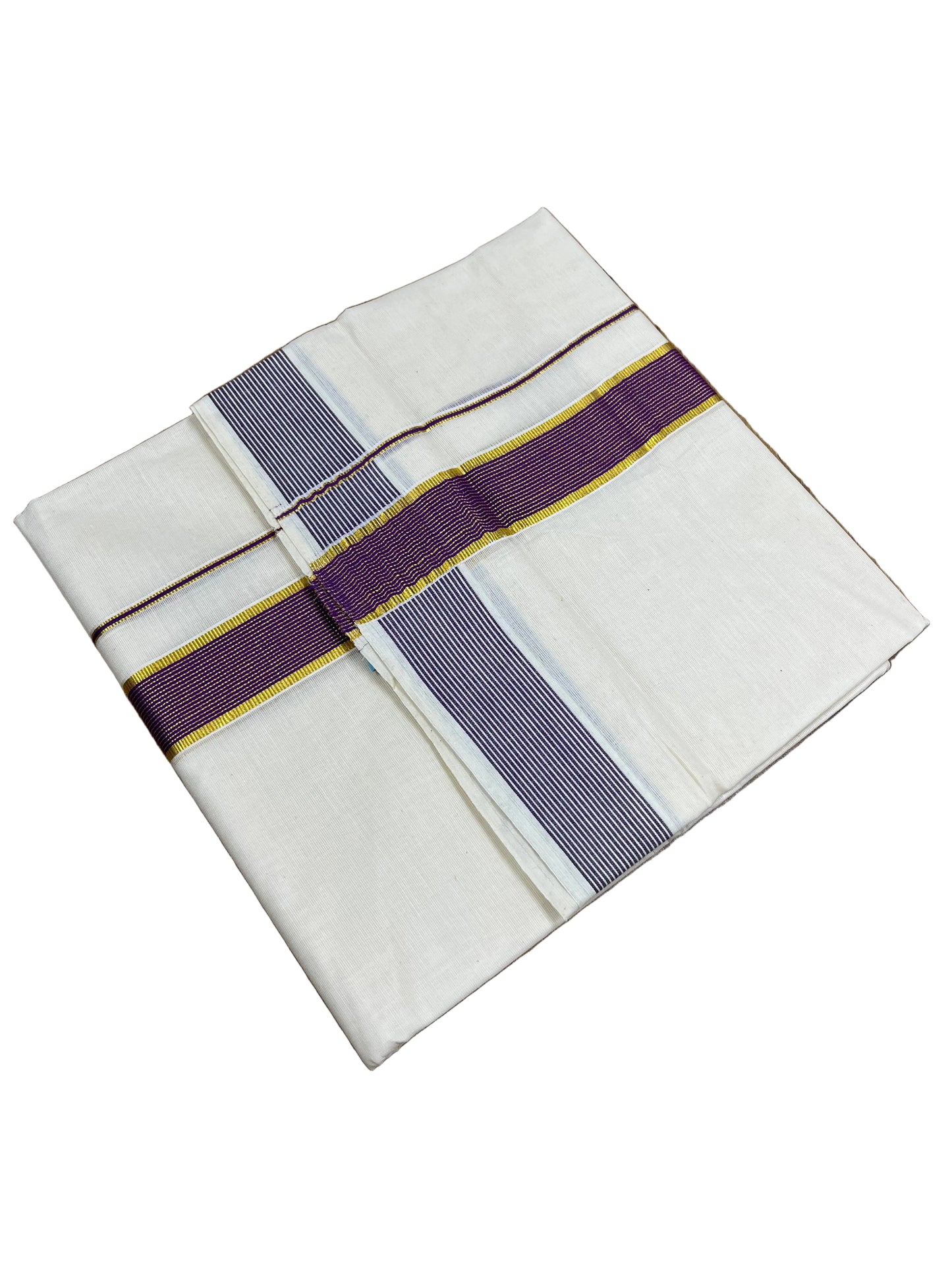 Southloom Pure Cotton Mundu with Purple Lines Border (South Indian Kerala Dhoti)