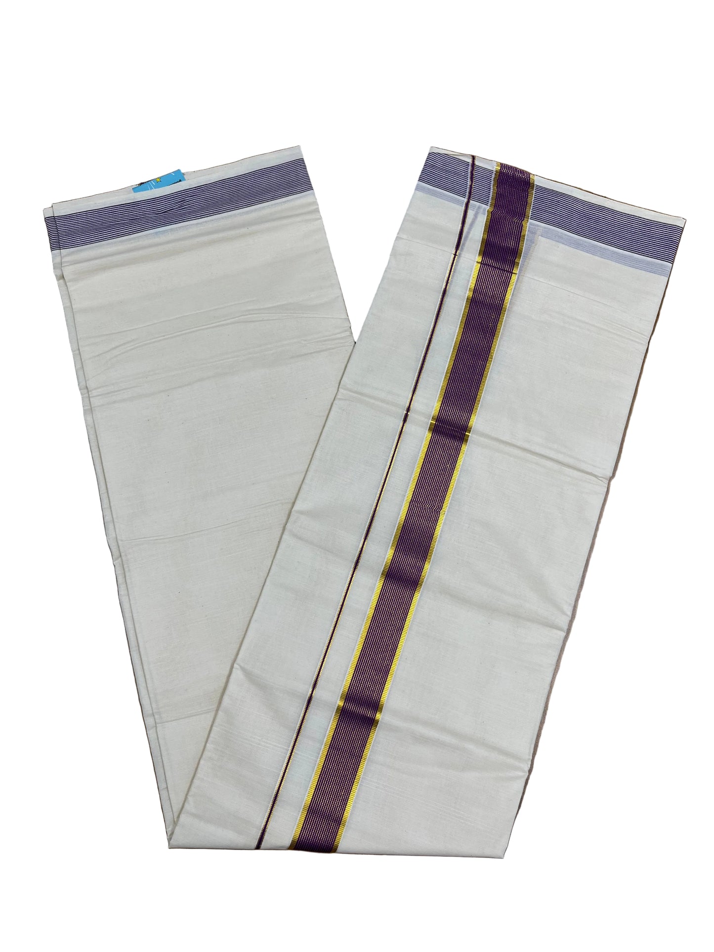 Southloom Pure Cotton Mundu with Purple Lines Border (South Indian Kerala Dhoti)