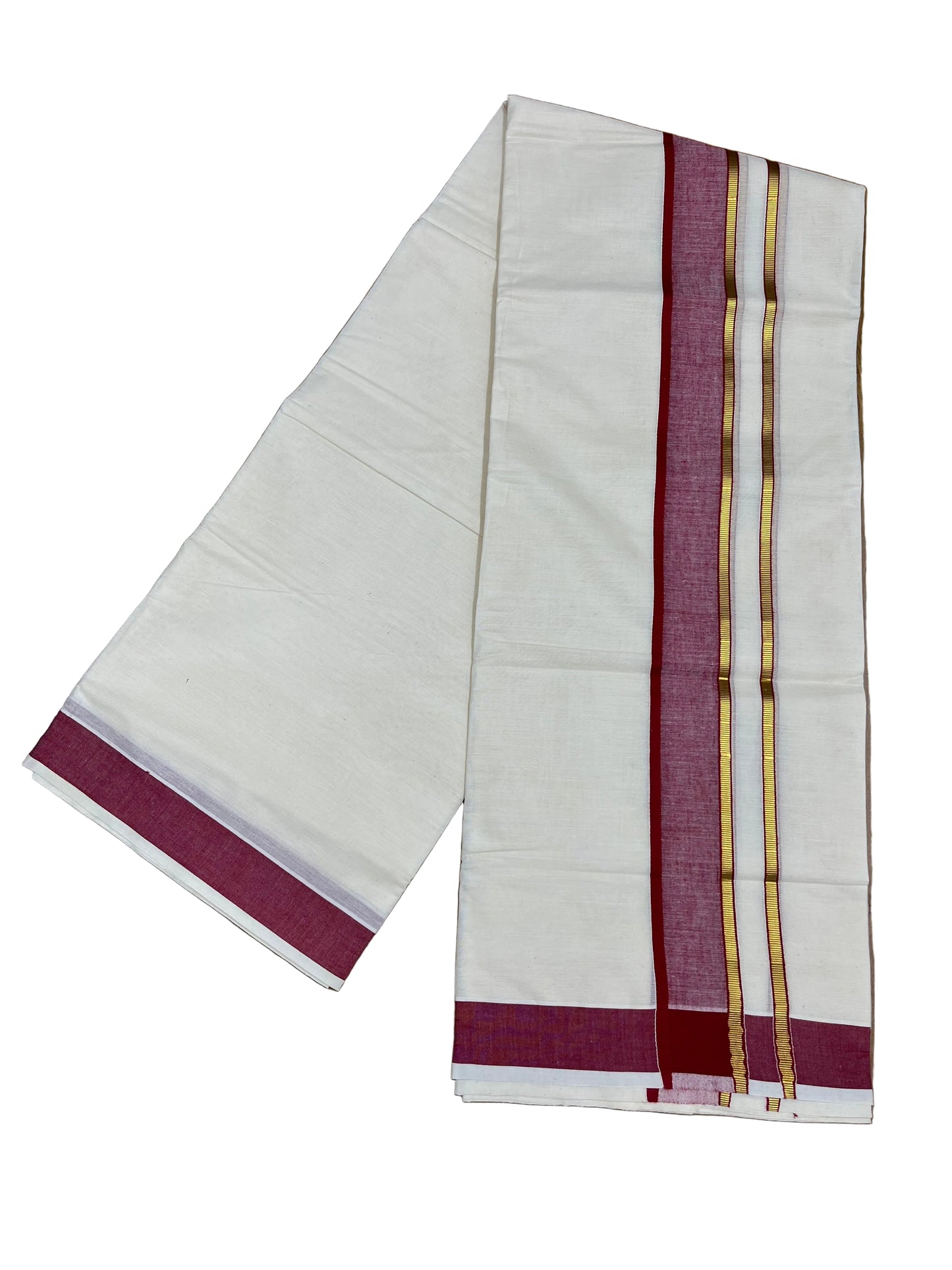 Southloom Pure Cotton Mundu with Maroon & Gold Kasavu Border (South Indian Kerala Dhoti)