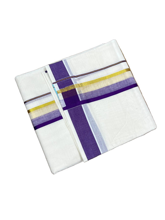 Southloom Pure Cotton Mundu with Violet & Gold Kasavu Border (South Indian Kerala Dhoti)