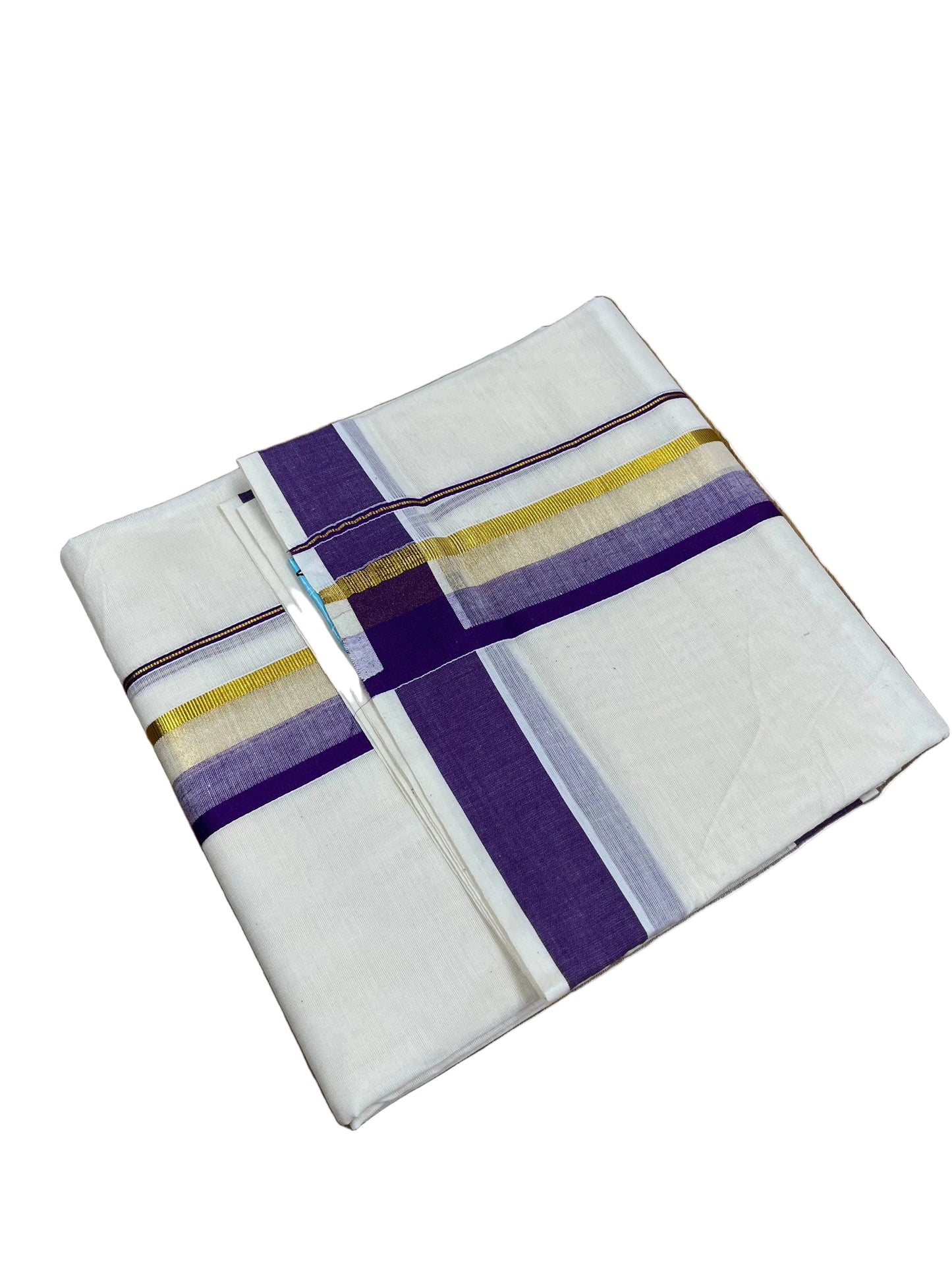 Southloom Pure Cotton Mundu with Violet & Gold Kasavu Border (South Indian Kerala Dhoti)