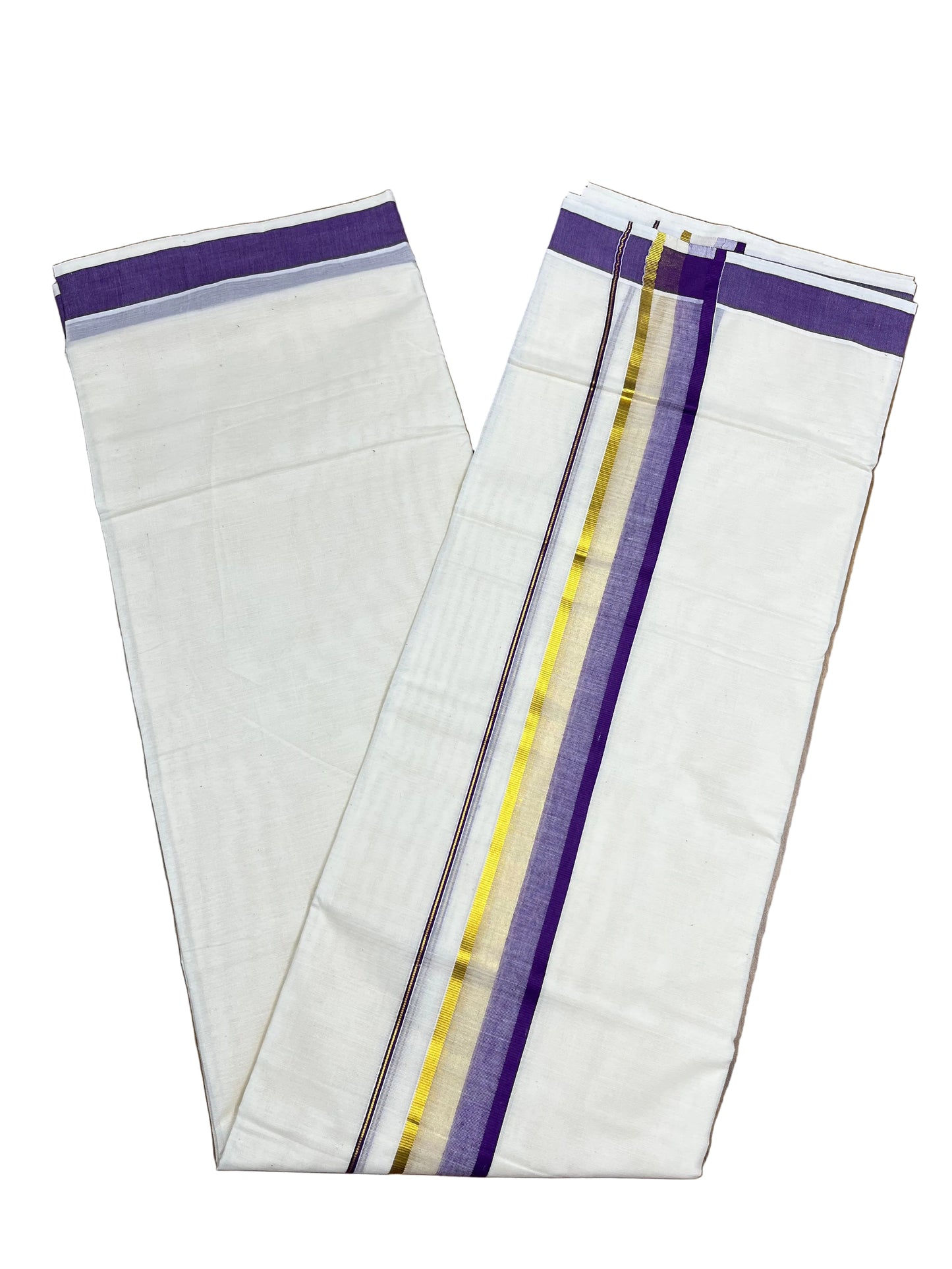 Southloom Pure Cotton Mundu with Violet & Gold Kasavu Border (South Indian Kerala Dhoti)