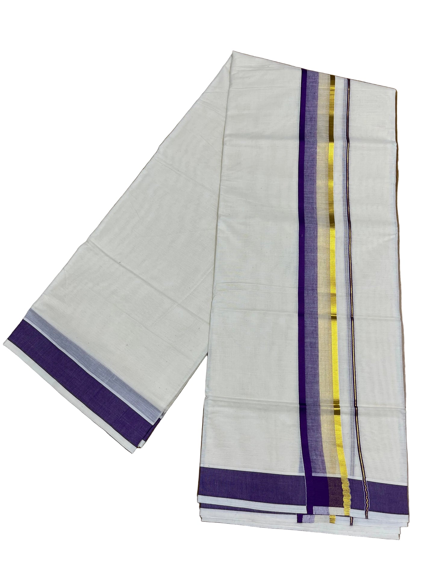 Southloom Pure Cotton Mundu with Violet & Gold Kasavu Border (South Indian Kerala Dhoti)