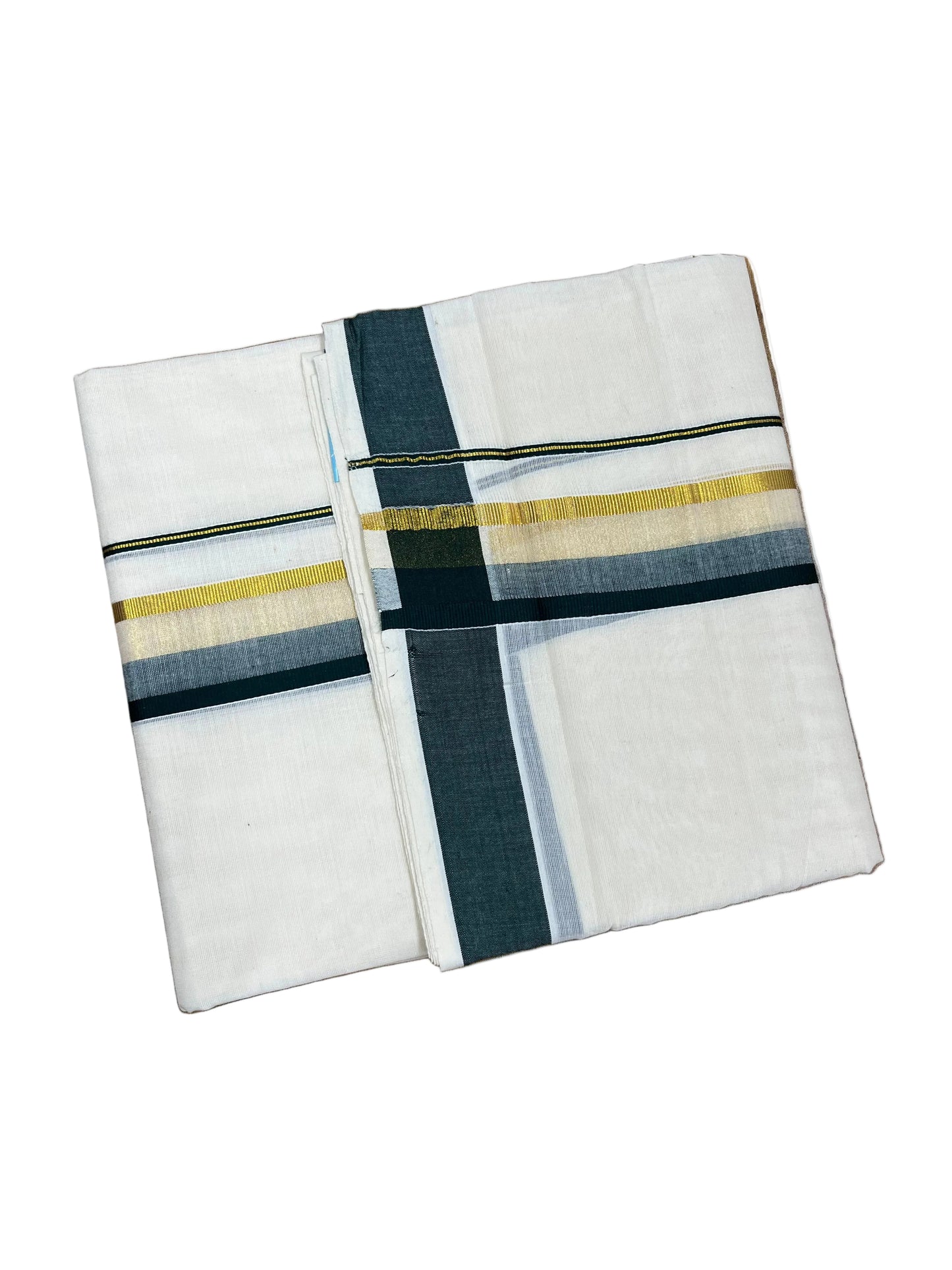 Southloom Pure Cotton Mundu with Green & Gold Kasavu Border (South Indian Kerala Dhoti)