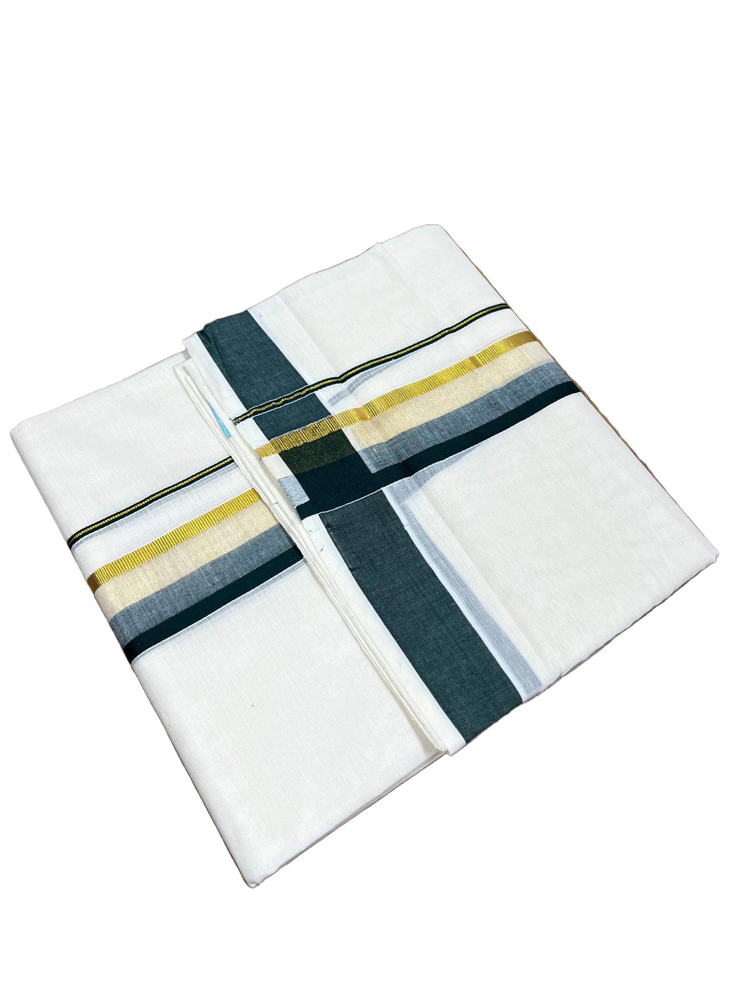Southloom Pure Cotton Mundu with Green & Gold Kasavu Border (South Indian Kerala Dhoti)