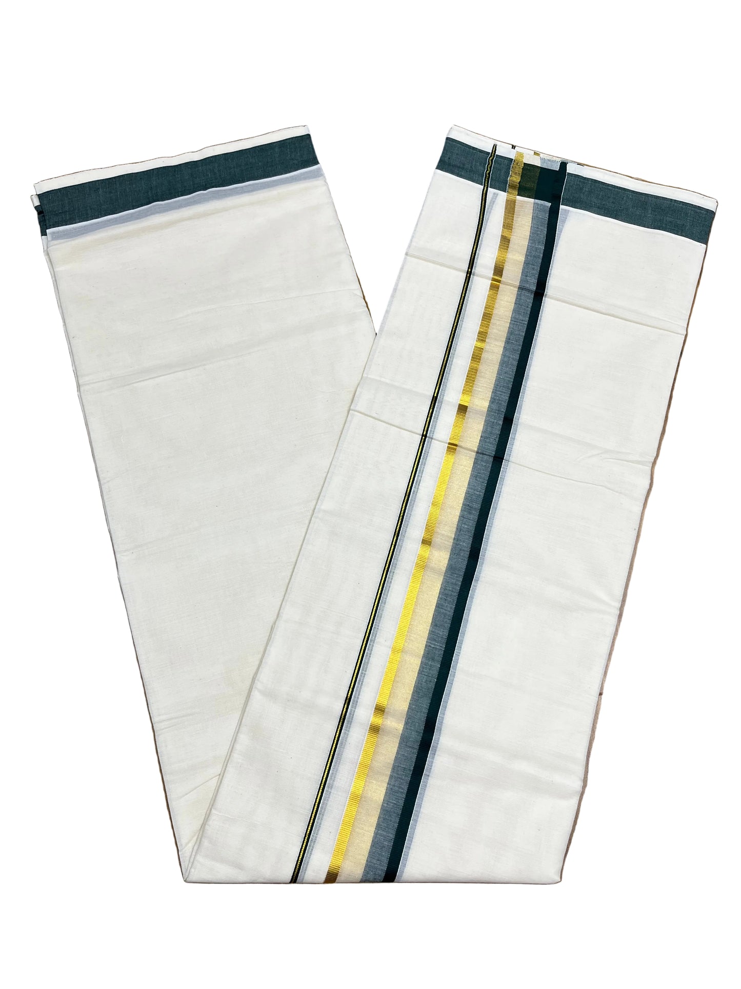 Southloom Pure Cotton Mundu with Green & Gold Kasavu Border (South Indian Kerala Dhoti)