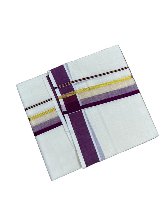 Southloom Pure Cotton Mundu with Purple & Gold Kasavu Border (South Indian Kerala Dhoti)