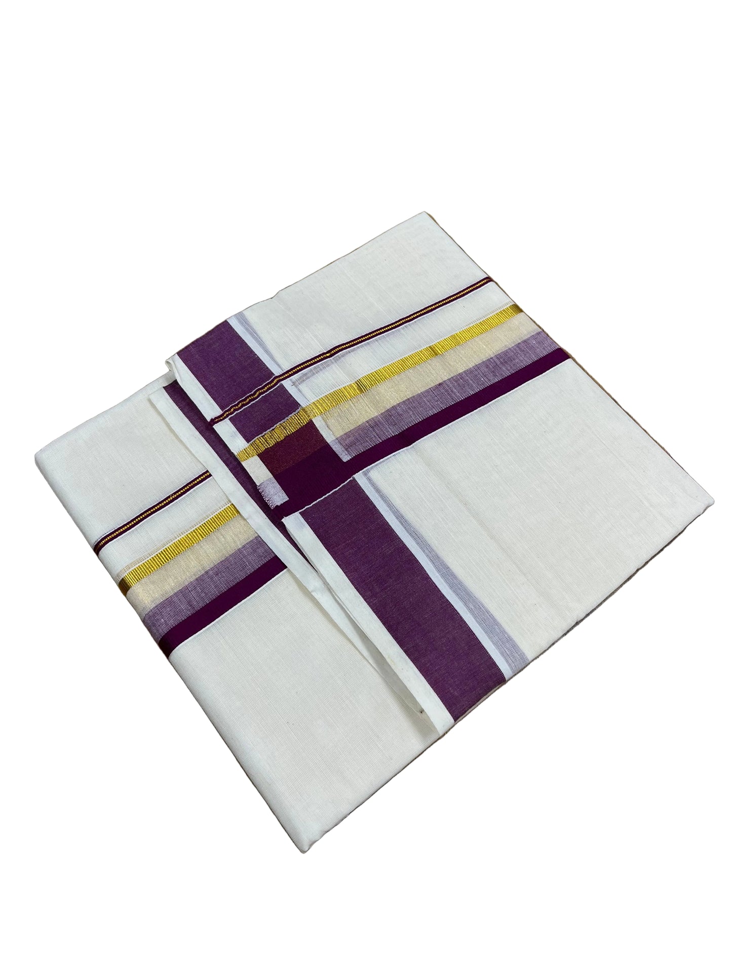 Southloom Pure Cotton Mundu with Purple & Gold Kasavu Border (South Indian Kerala Dhoti)