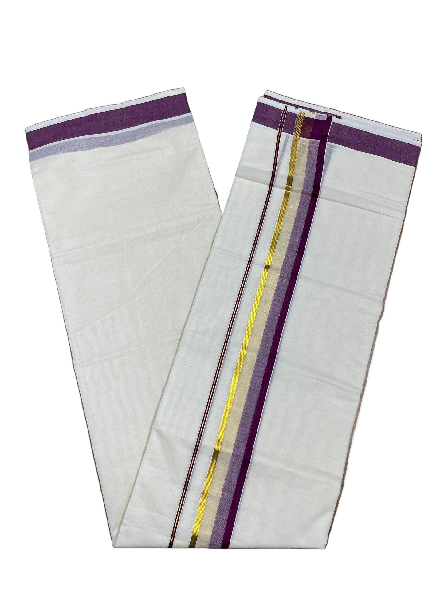 Southloom Pure Cotton Mundu with Purple & Gold Kasavu Border (South Indian Kerala Dhoti)