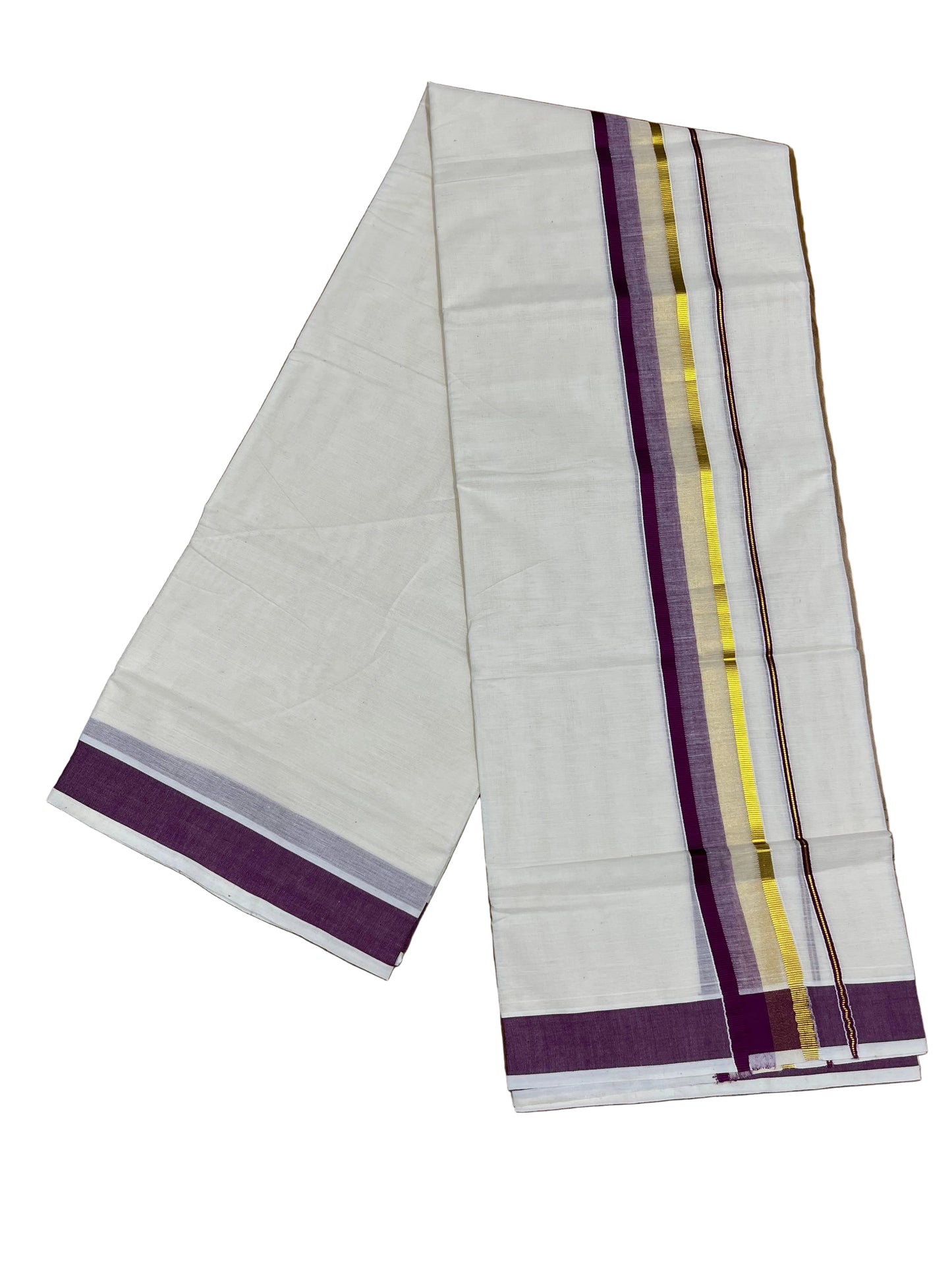 Southloom Pure Cotton Mundu with Purple & Gold Kasavu Border (South Indian Kerala Dhoti)