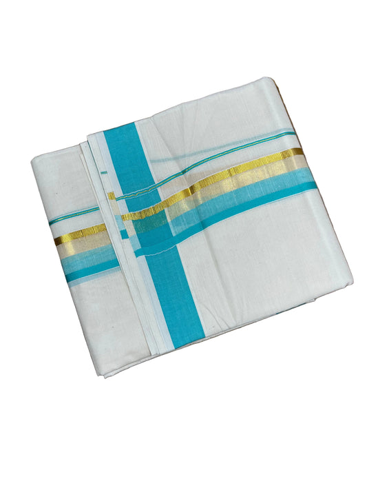 Southloom Pure Cotton Mundu with Blue & Gold Kasavu Border (South Indian Kerala Dhoti)
