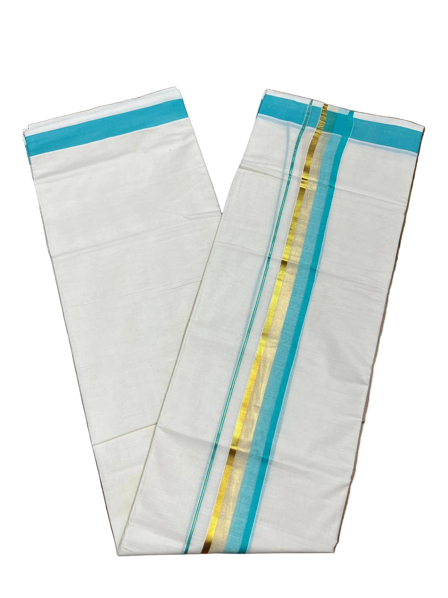 Southloom Pure Cotton Mundu with Blue & Gold Kasavu Border (South Indian Kerala Dhoti)