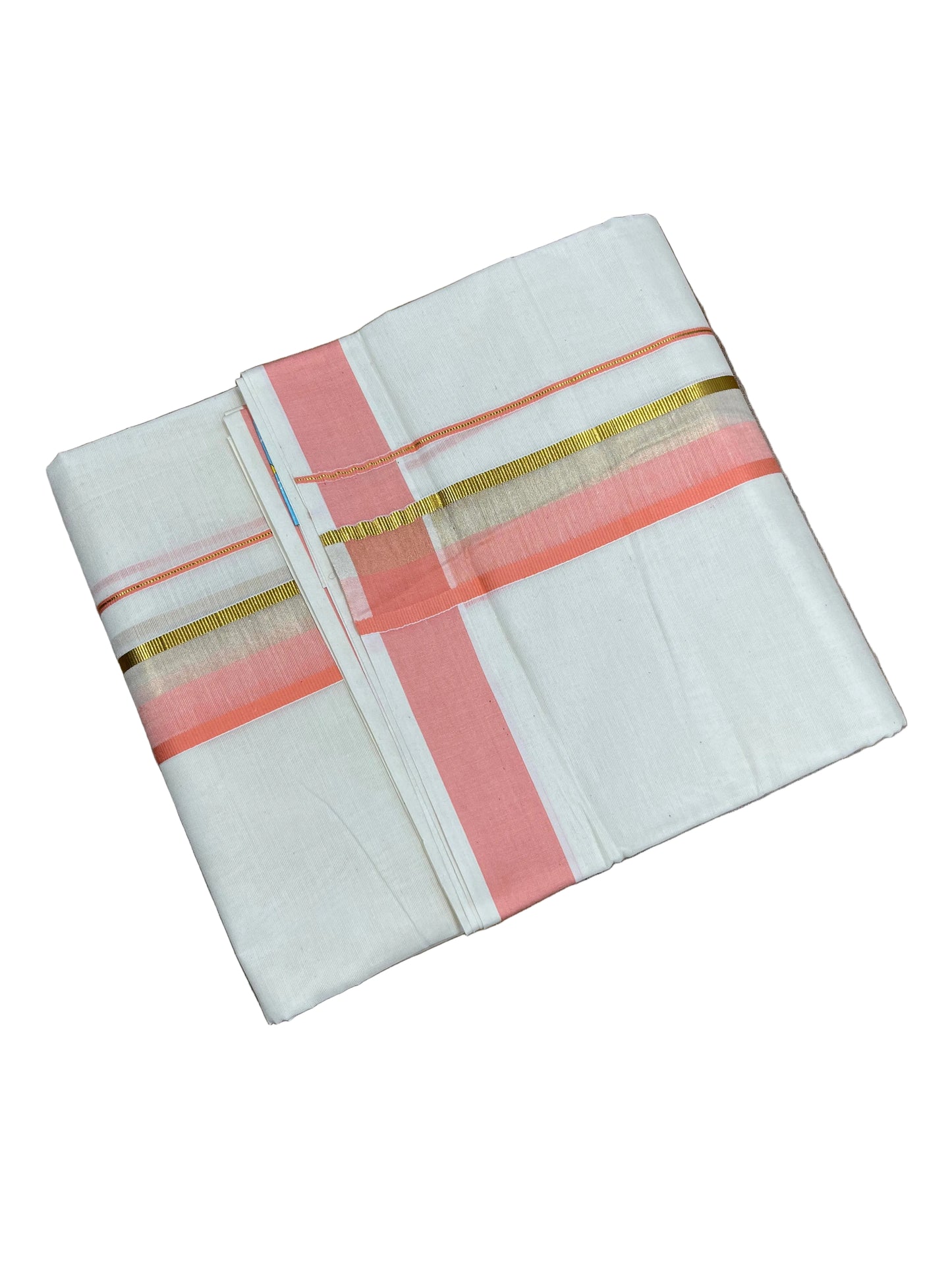 Southloom Pure Cotton Mundu with peach & Gold Kasavu Border (South Indian Kerala Dhoti)