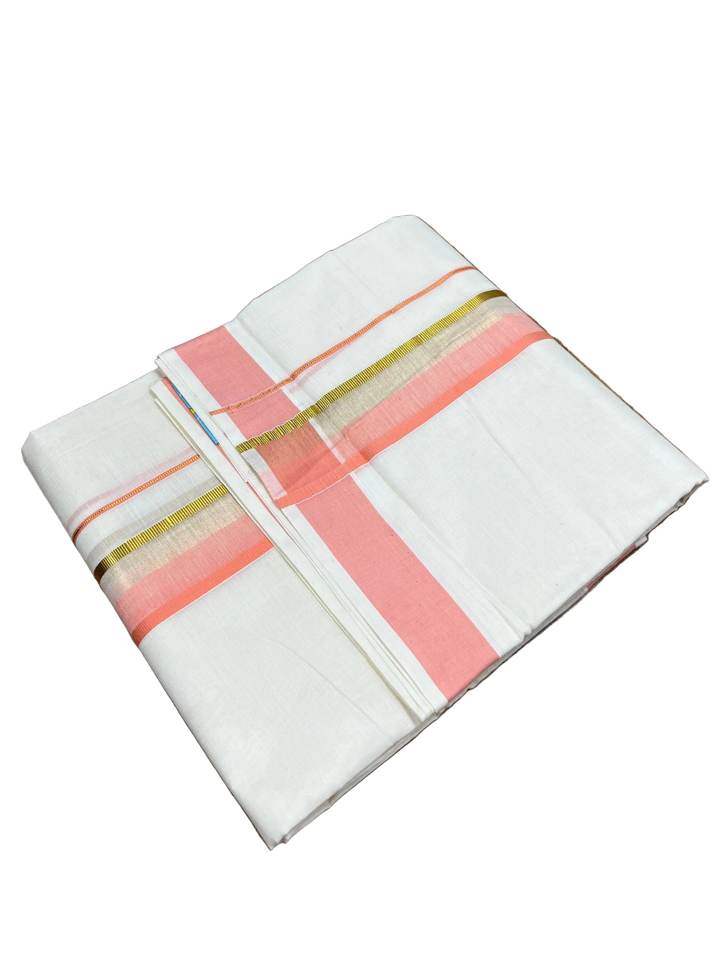 Southloom Pure Cotton Mundu with peach & Gold Kasavu Border (South Indian Kerala Dhoti)