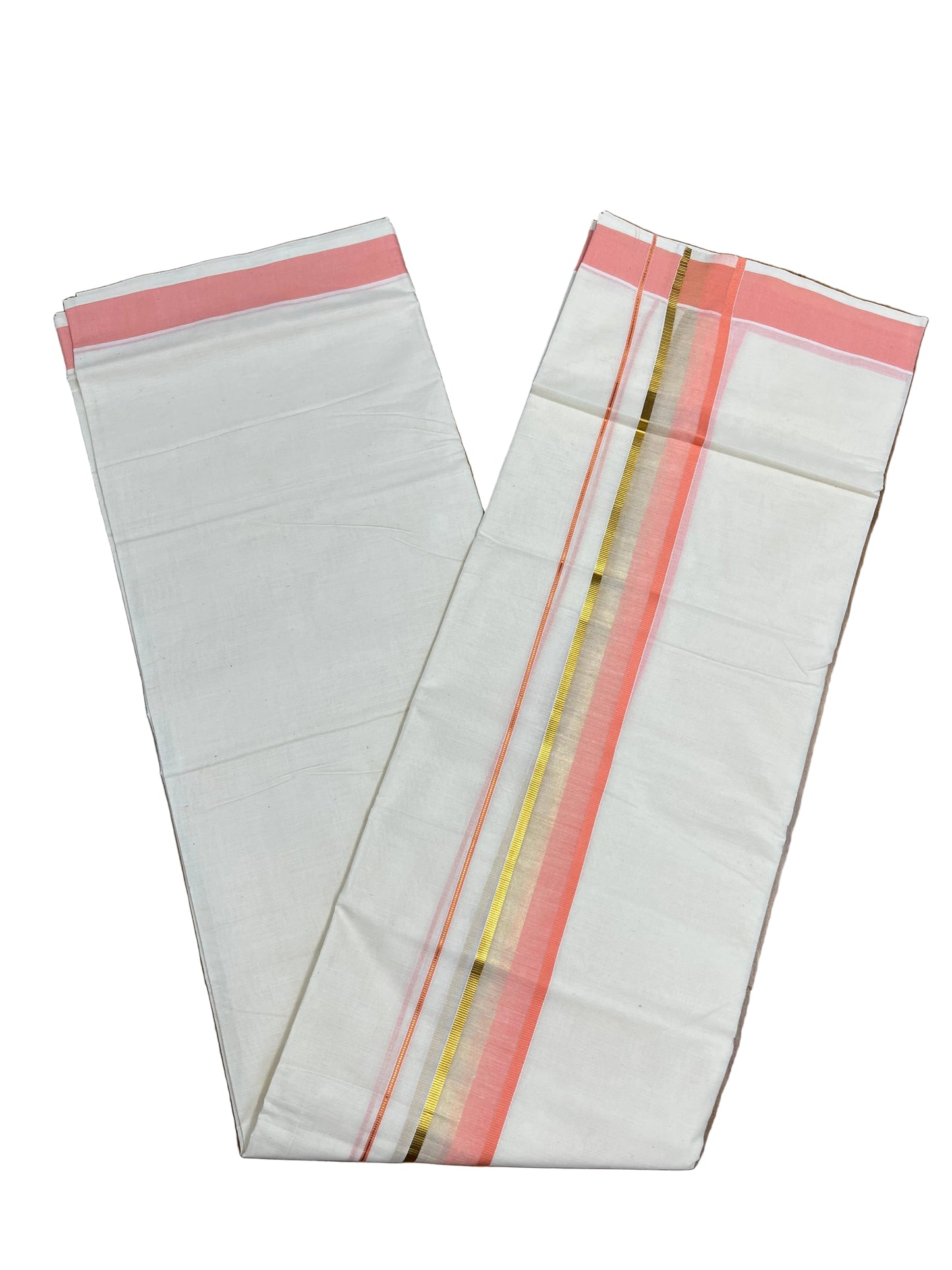 Southloom Pure Cotton Mundu with peach & Gold Kasavu Border (South Indian Kerala Dhoti)