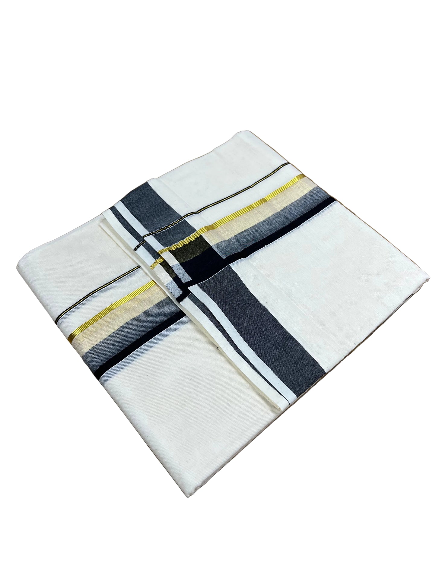 Southloom Pure Cotton Mundu with Black & Gold Kasavu Border (South Indian Kerala Dhoti)