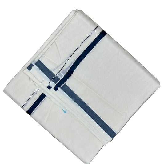 Southloom Pure Cotton Mundu with Silver Line And Blue Border (South Indian Kerala Dhoti)