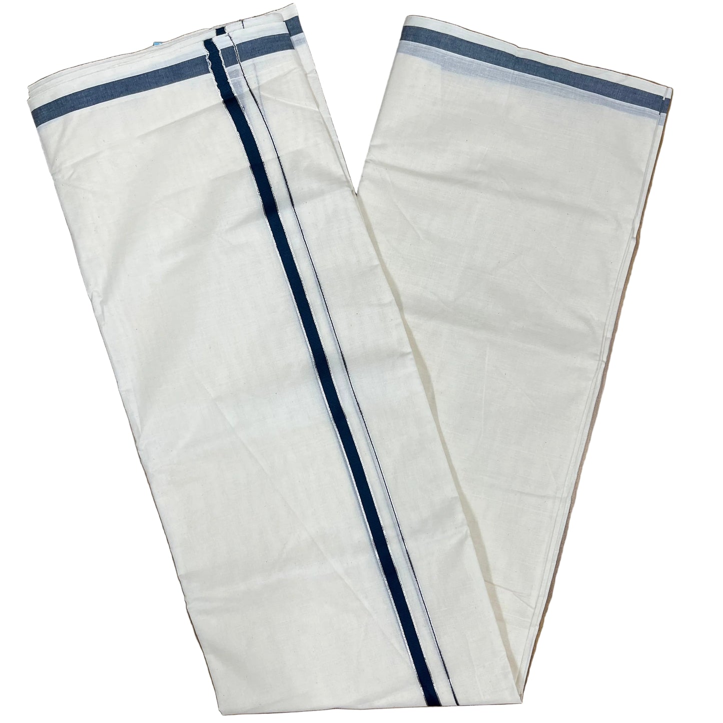 Southloom Pure Cotton Mundu with Silver Line And Blue Border (South Indian Kerala Dhoti)