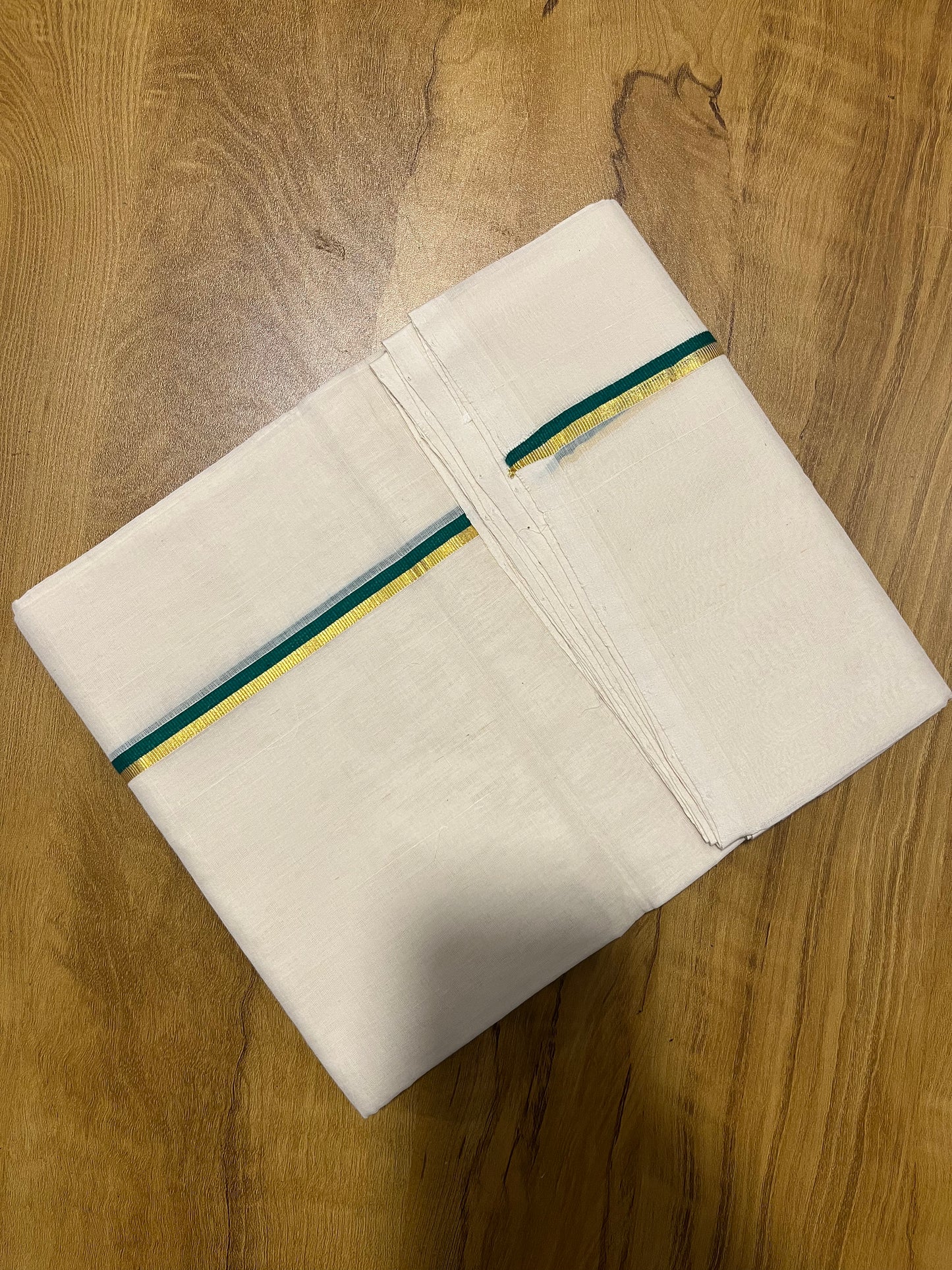 Premium Balaramapuram Handloom Unakkupaavu Cotton Double Mundu with 0.5 inch Border Kasavu and Green Kara