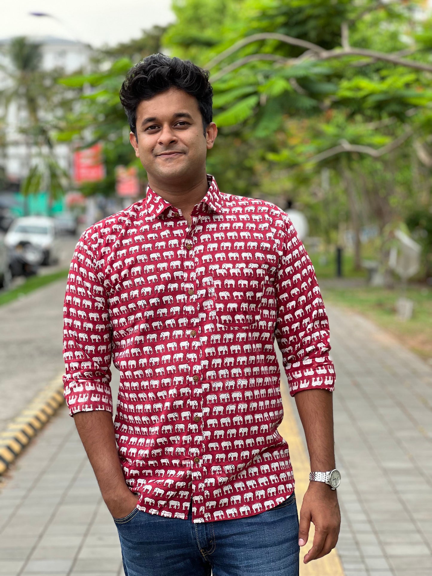 Southloom Jaipur Cotton Red With Elephant Hand Block Printed Shirt (Full Sleeves)