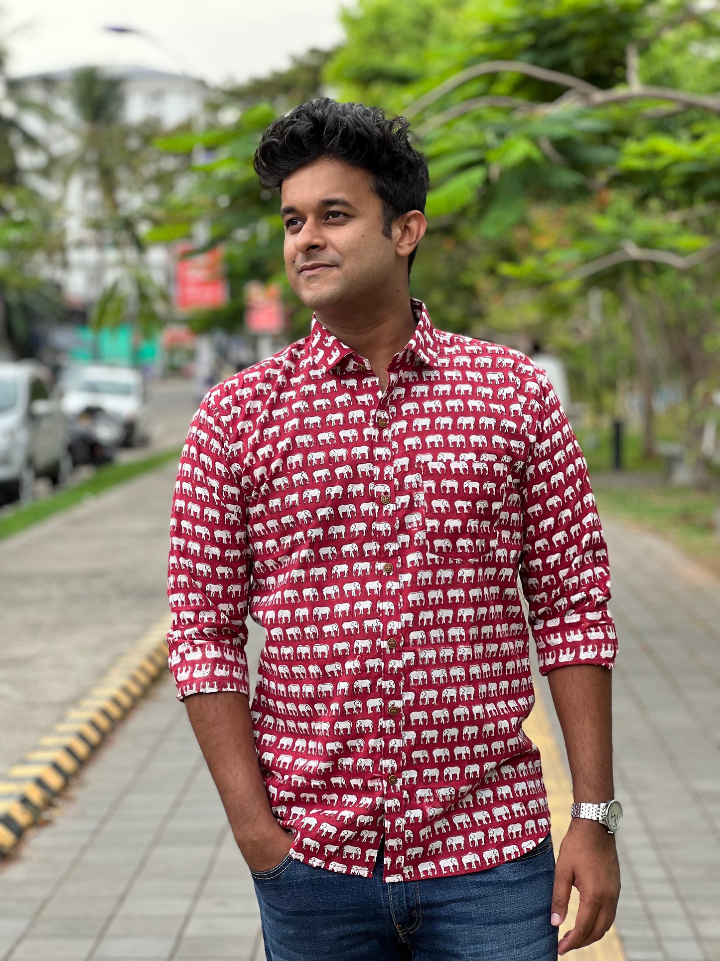 Southloom Jaipur Cotton Red With Elephant Hand Block Printed Shirt (Full Sleeves)