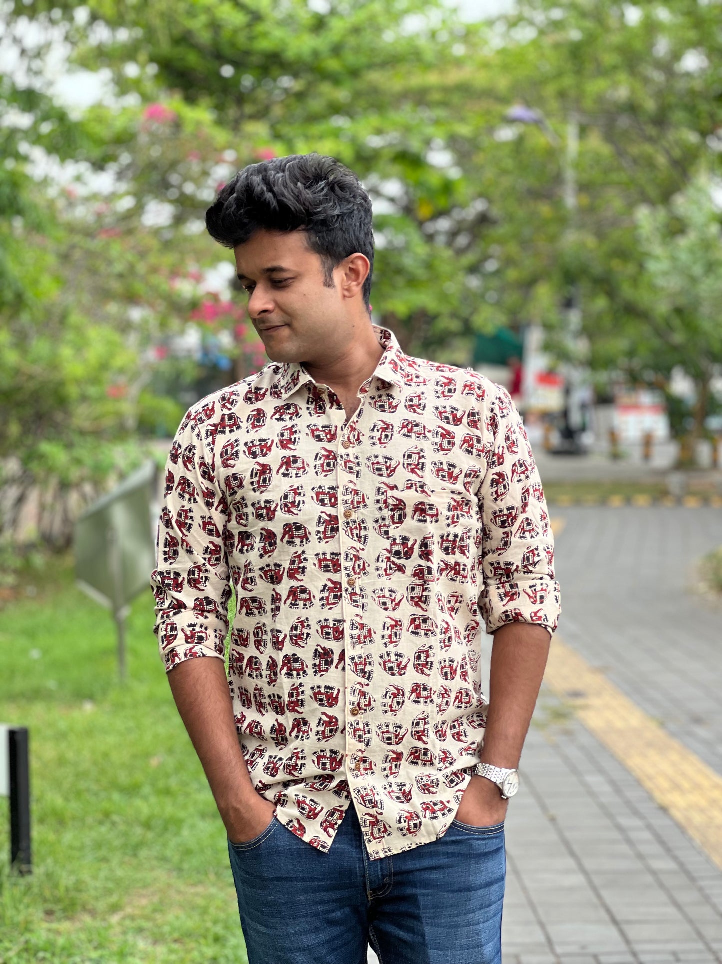 Southloom Jaipur Cotton Beige Elephant Hand Block Printed Shirt (Full Sleeves)