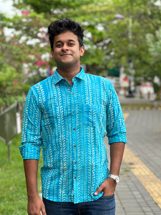 Southloom Jaipur Cotton Light Blue Hand Block Printed Shirt (Full Sleeves)