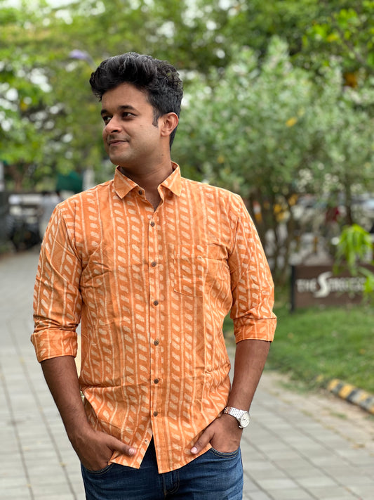 Southloom Jaipur Cotton Orange Hand Block Printed Shirt (Full Sleeves)