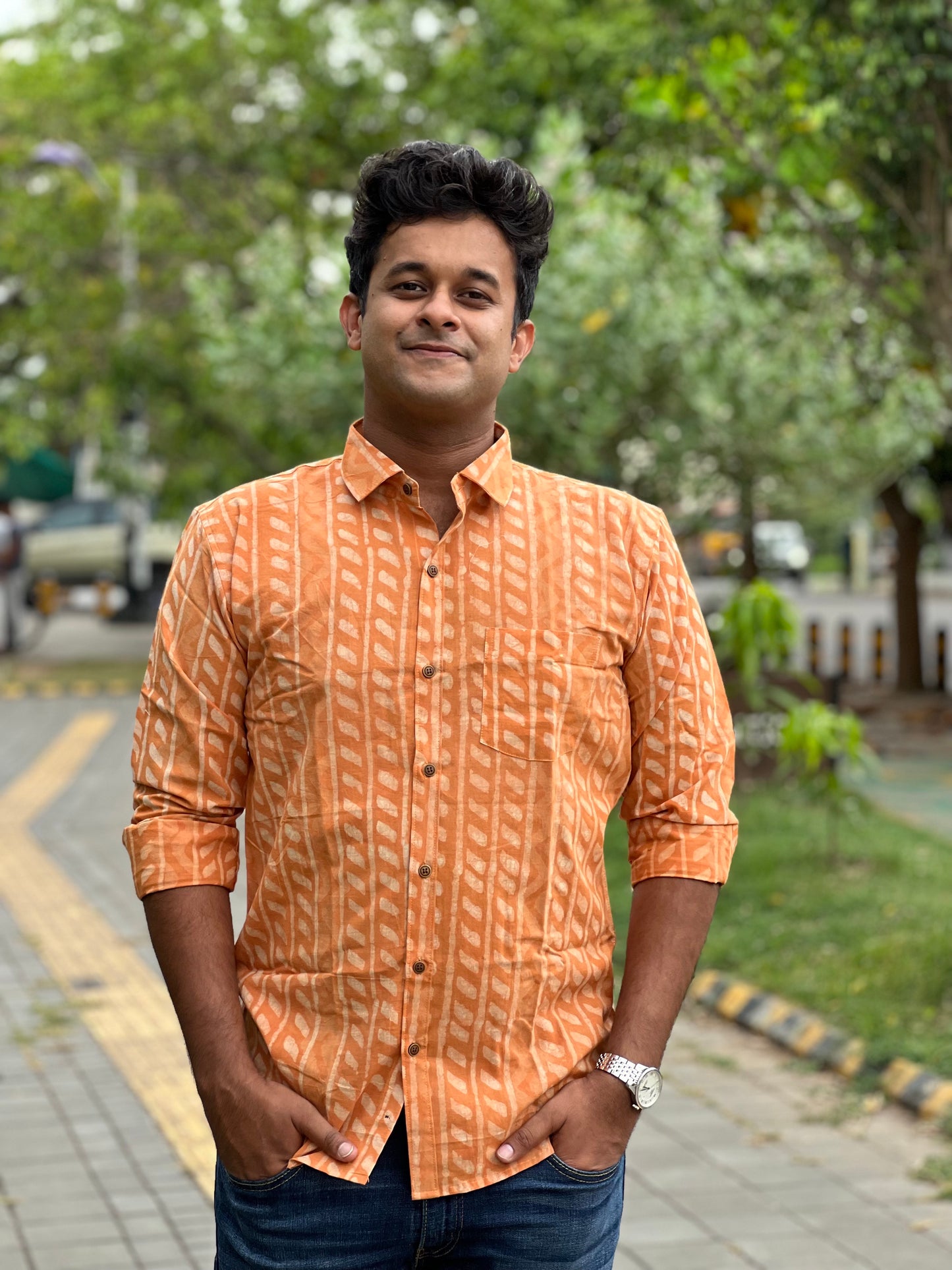 Southloom Jaipur Cotton Orange Hand Block Printed Shirt (Full Sleeves)