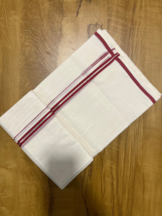 Premium Balaramapuram Handloom Unakkupaavu Puliyilakkara Cotton Double Mundu with 0.5 Inch Silver Kasavu and Maroon Kara