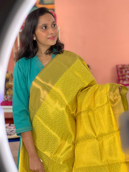 Southloom Premium Semi Silk Zari Work Brocade Saree in Lime Green with Contrast Pallu