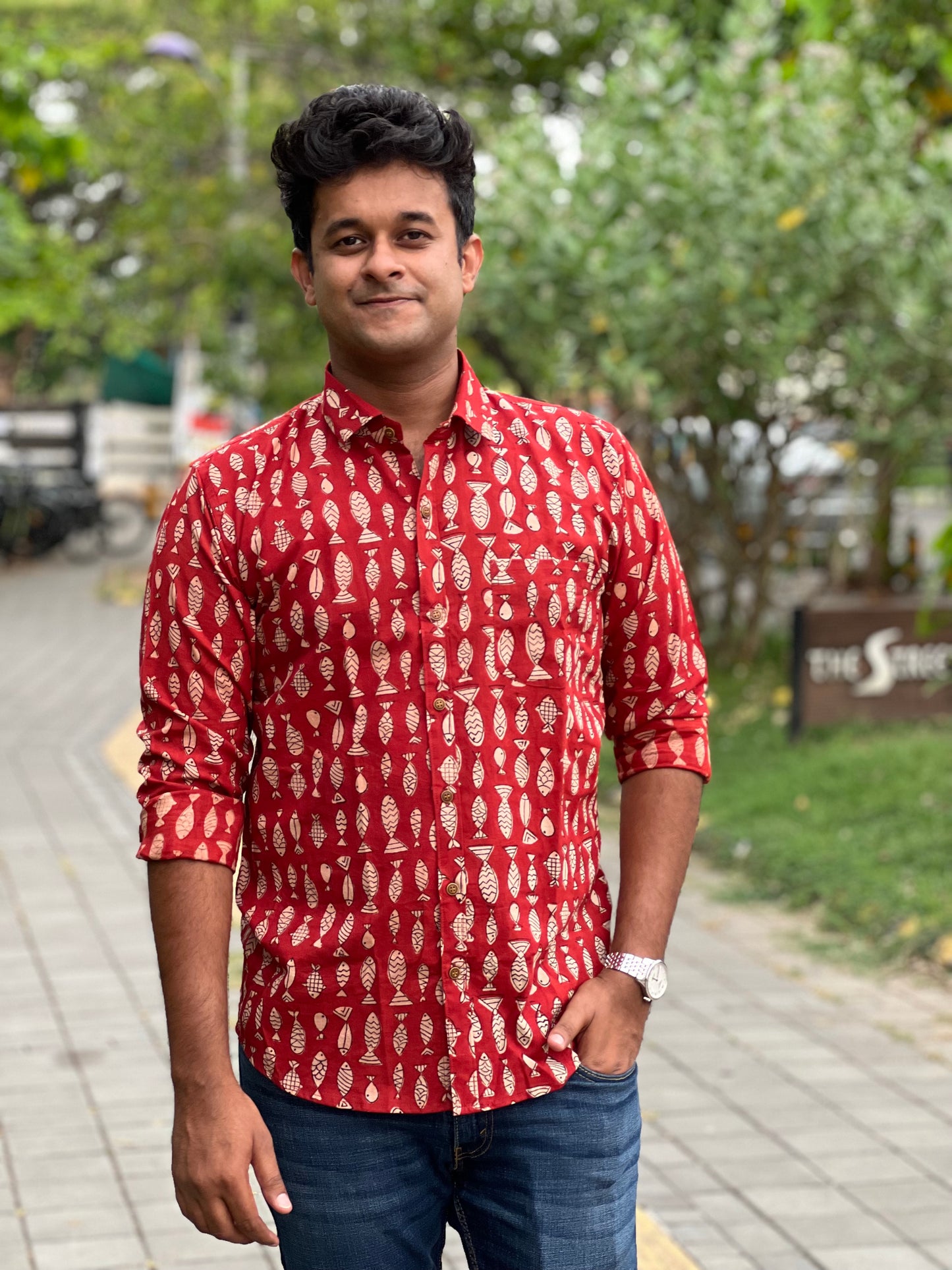 Southloom Jaipur Cotton Red With Fish Hand Block Printed Shirt (Full Sleeves)