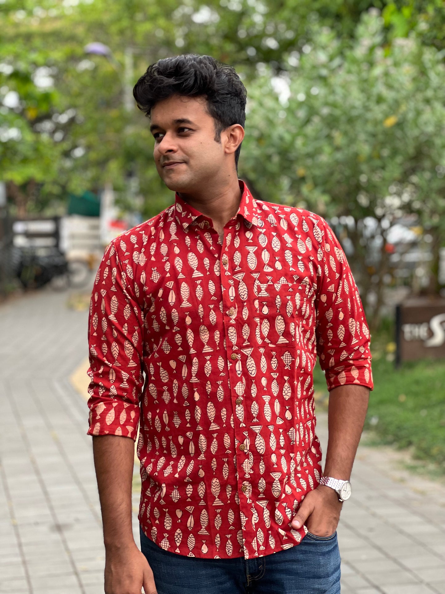 Southloom Jaipur Cotton Red With Fish Hand Block Printed Shirt (Full Sleeves)