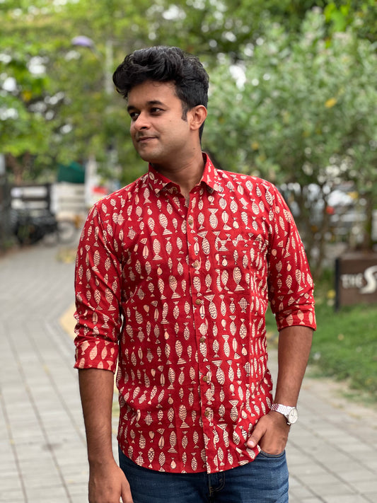 Southloom Jaipur Cotton Red With Fish Hand Block Printed Shirt (Full Sleeves)