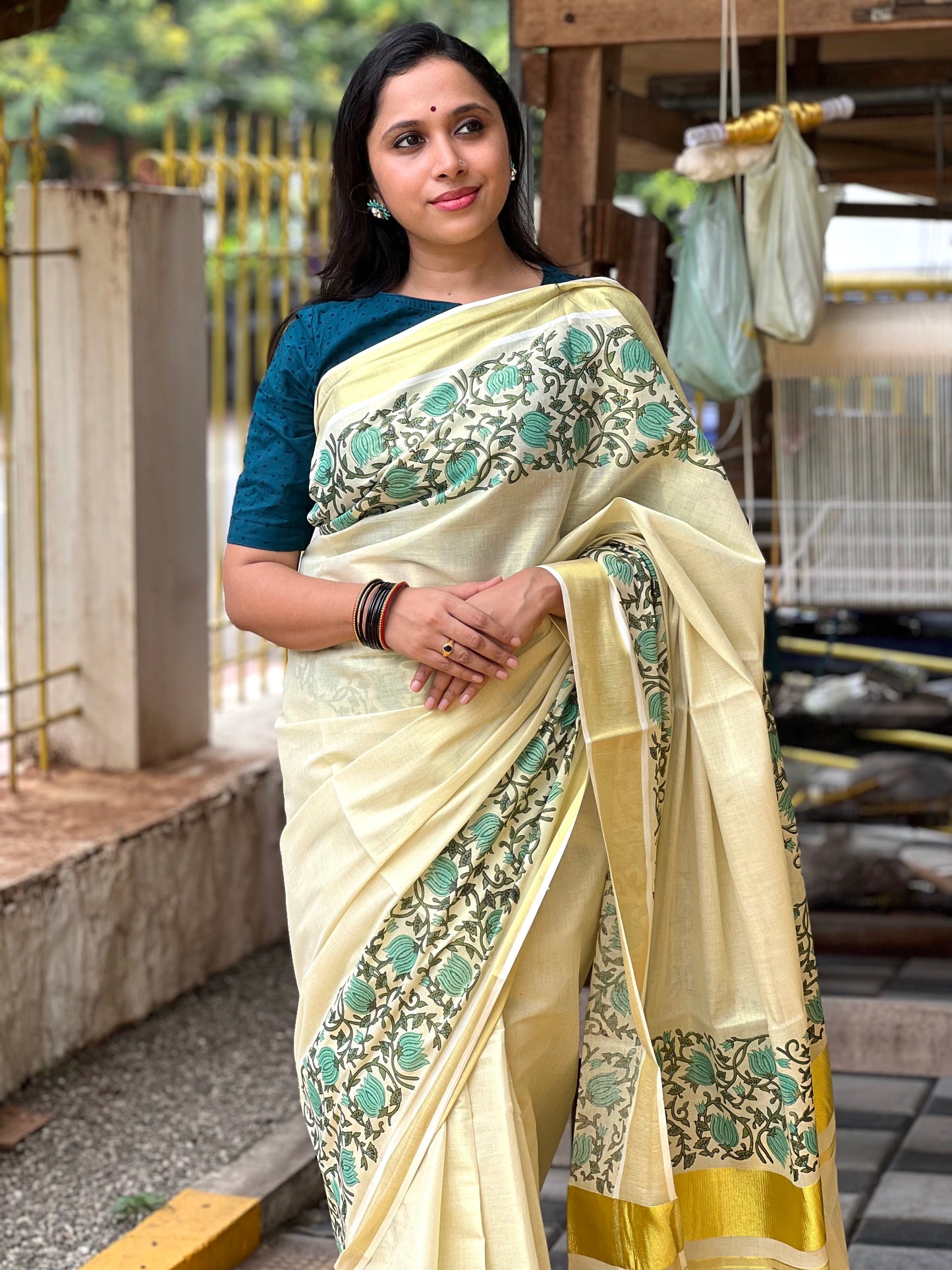 Southloom Jaipur Artisans & Kerala Weavers Collab Turquoise Floral Printed Tissue Kasavu Saree (2023 Onam Exclusive Kerala Saree)