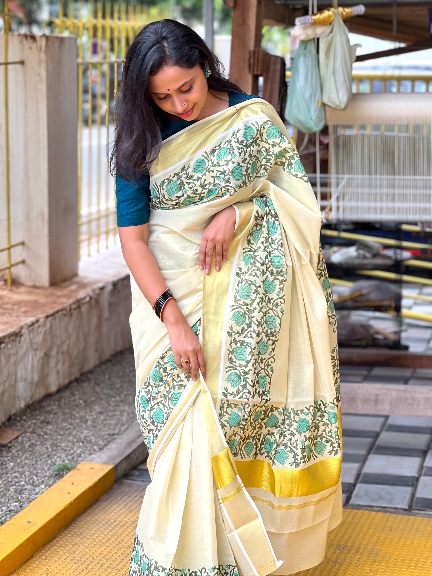 Southloom Jaipur Artisans & Kerala Weavers Collab Turquoise Floral Printed Tissue Kasavu Saree (2023 Onam Exclusive Kerala Saree)