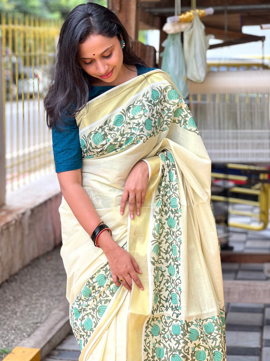 Southloom Jaipur Artisans & Kerala Weavers Collab Turquoise Floral Printed Tissue Kasavu Saree (2023 Onam Exclusive Kerala Saree)