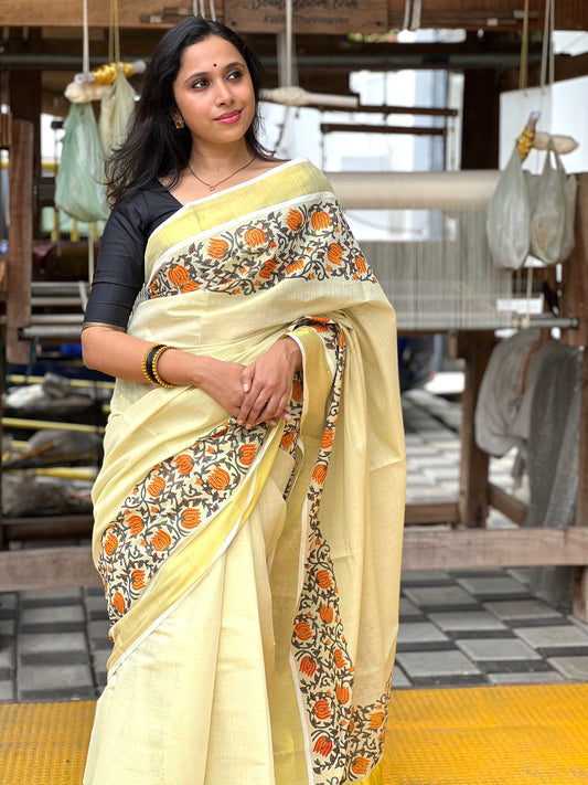 Southloom Jaipur Artisans & Kerala Weavers Collab Orange Floral Printed Tissue Kasavu Saree (2023 Onam Exclusive Kerala Saree)
